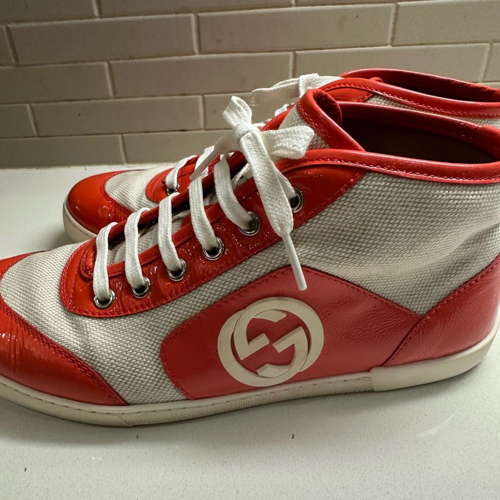 Gucci White and Red High-Top Sneakers with Logo
